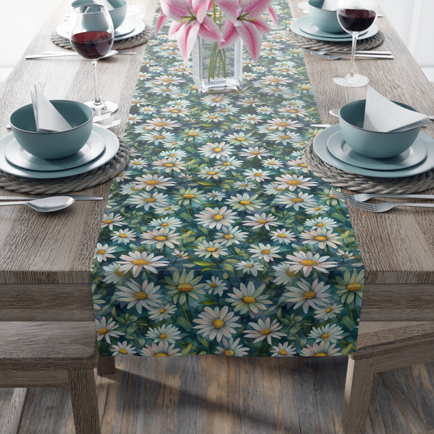 Daisy Print Table Runner - Fresh and Simple, Cotton Twill or Polyester - Perfect for Light & Airy Home Decor