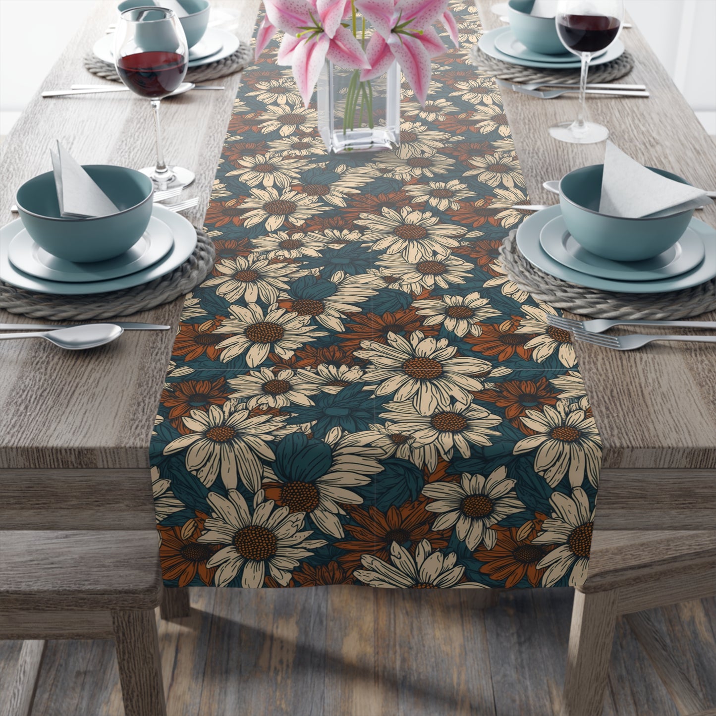 Daisy Print Table Runner - Fresh and Simple, Cotton Twill or Polyester - Perfect for Light & Airy Home Decor