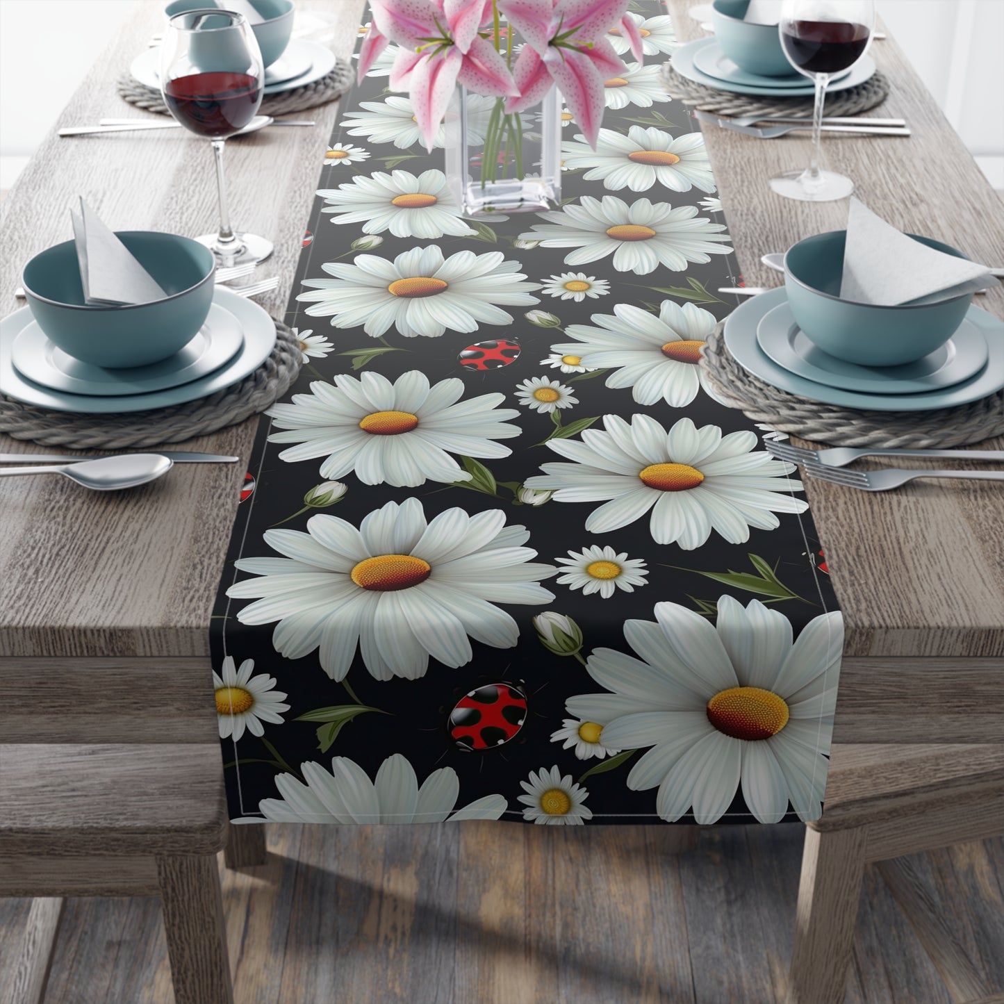 Ladybug Print Table Runner - Charming Good Luck, Cotton Twill or Polyester - Perfect for Nature-Inspired Home Decor