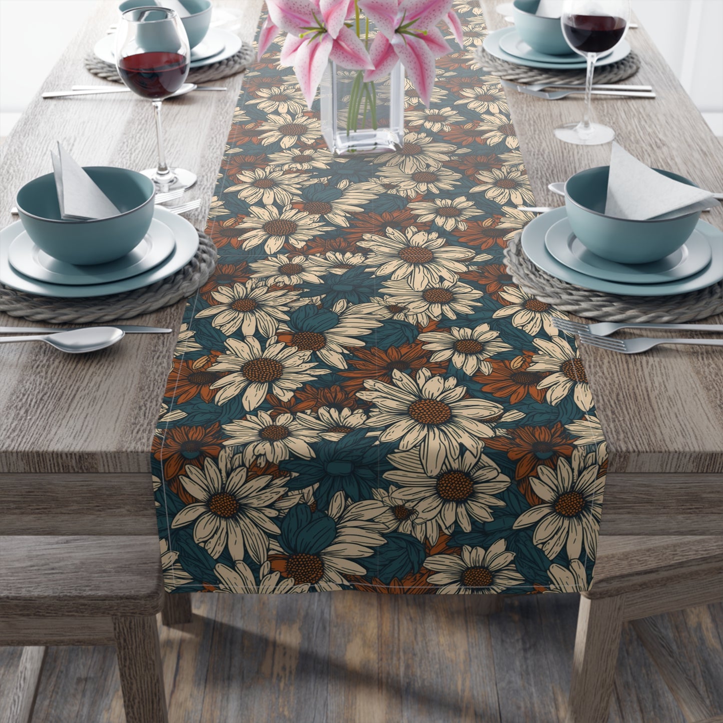 Daisy Print Table Runner - Fresh and Simple, Cotton Twill or Polyester - Perfect for Light & Airy Home Decor