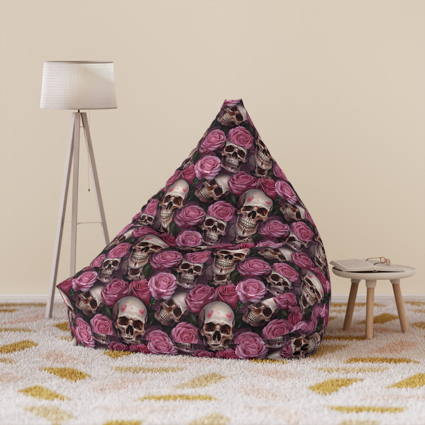 Floral Skull Bean Bag Chair Cover - Lockable Zipper, 2 Size Options, Gothic Home Decor