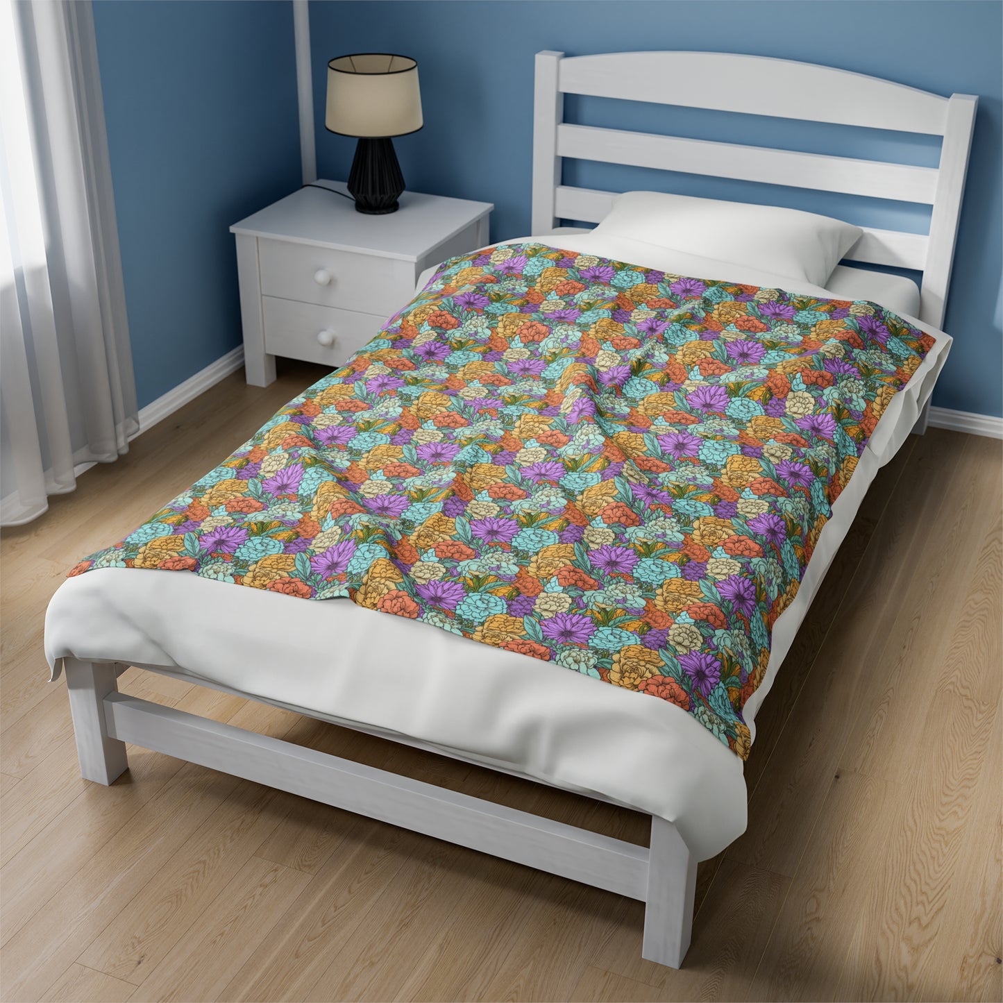 Boho Floral Velveteen Plush Blanket | Soft, Artistic, Luxurious and Comforting | Available in Multiple Sizes