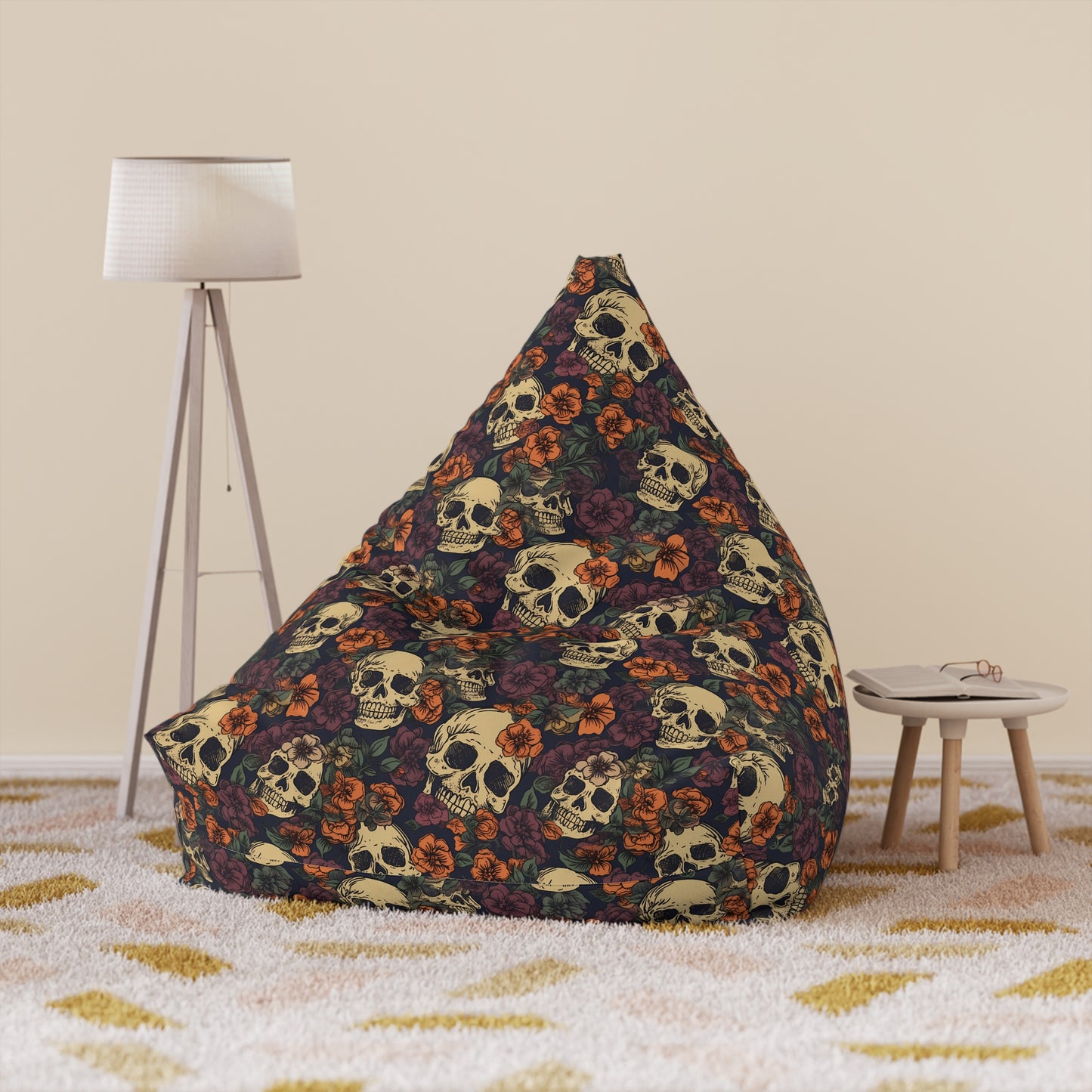 Floral Skull Bean Bag Chair Cover - Lockable Zipper, 2 Size Options, Gothic Home Decor